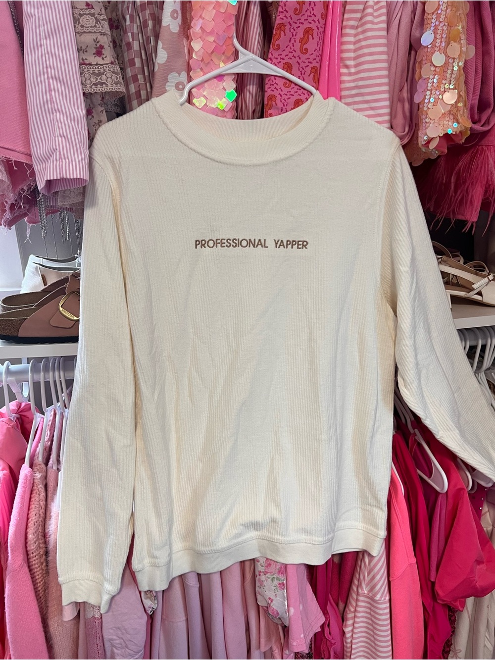 Oversized "Professional Yapper" Long Sleeve Cream Top